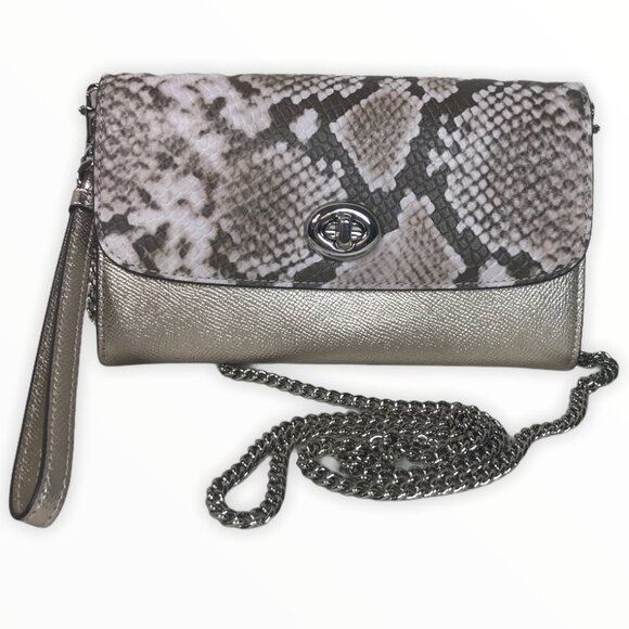 Coach Platinum Metallic Exotic Snakeskin Print Crossbody WOC Wallet on Chain - Picture 1 of 15